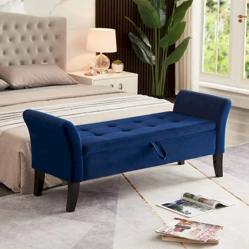 Panca contenitore per il letto con braccioli curvi e gambe in legno massello