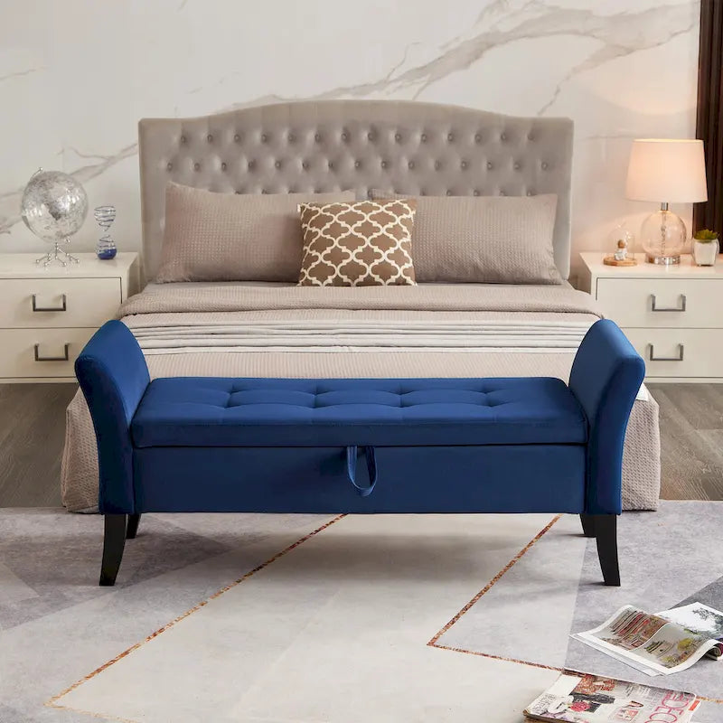 Panca contenitore per il letto con braccioli curvi e gambe in legno massello