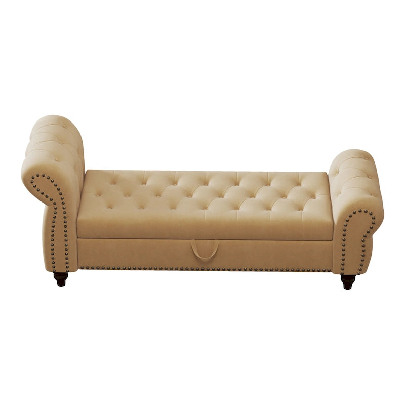 64.5 Bench for Bed Room Nails Tufted Chaise of Lounge with Storage Velvet Upholstery Khaki
