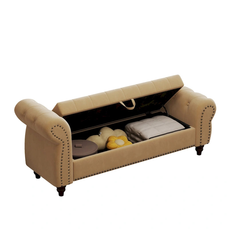 64.5 Bench for Bed Room Nails Tufted Chaise of Lounge with Storage Velvet Upholstery Khaki