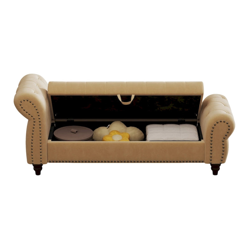 64.5 Bench for Bed Room Nails Tufted Chaise of Lounge with Storage Velvet Upholstery Khaki