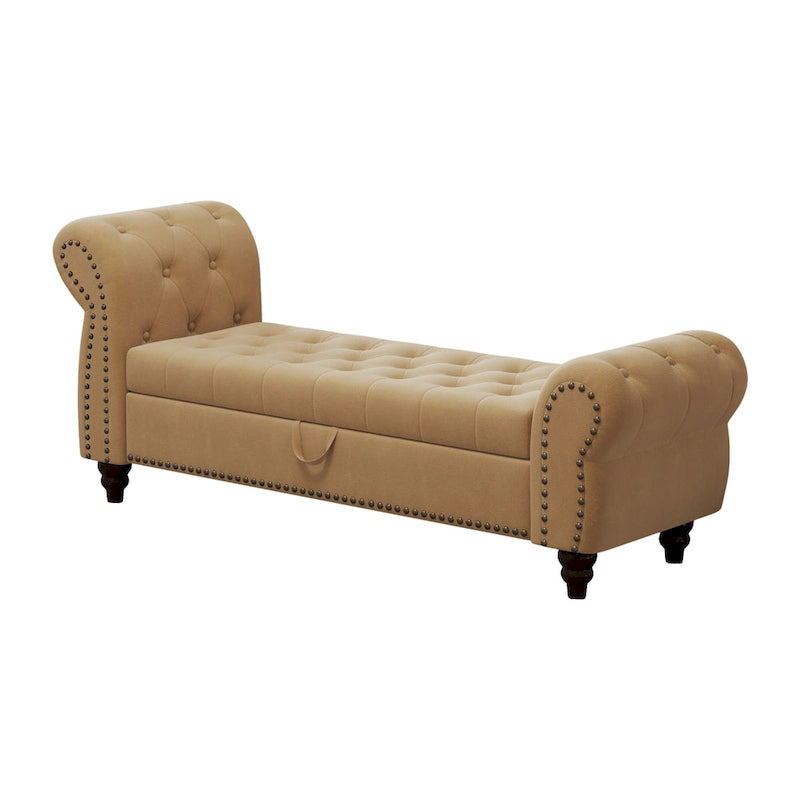 64.5 Bench for Bed Room Nails Tufted Chaise of Lounge with Storage Velvet Upholstery Khaki