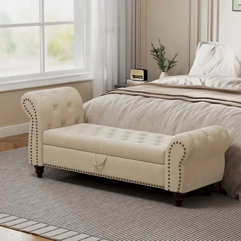 64.5 Bench for Bed Room Nails Tufted Chaise of Lounge with Storage Velvet Upholstery Khaki