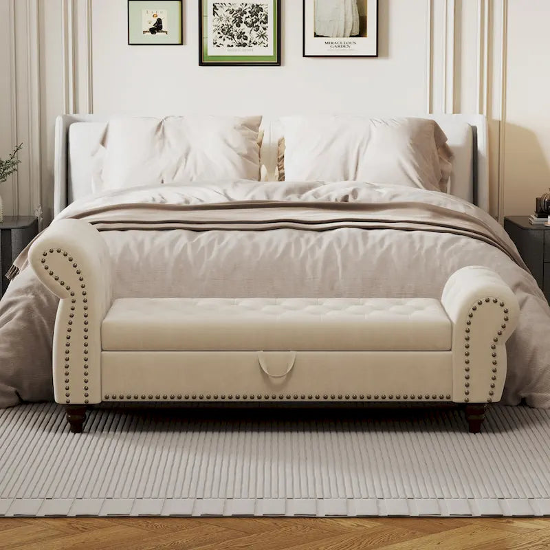 64.5 Bench for Bed Room Nails Tufted Chaise of Lounge with Storage Velvet Upholstery Khaki