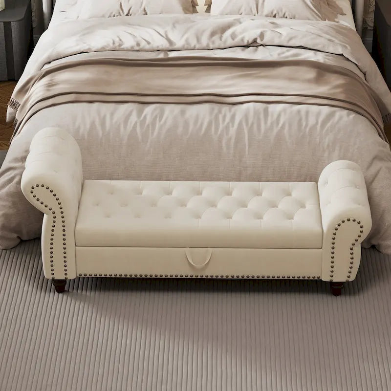 64.5 Bench for Bed Room Nails Tufted Chaise of Lounge with Storage Velvet Upholstery Khaki