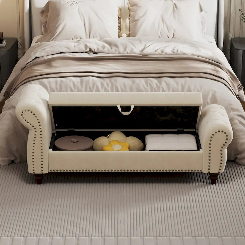64.5 Bench for Bed Room Nails Tufted Chaise of Lounge with Storage Velvet Upholstery Khaki