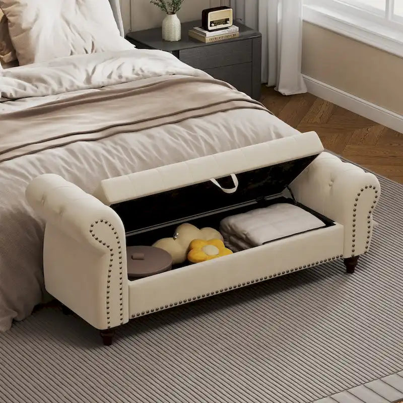 64.5 Bench for Bed Room Nails Tufted Chaise of Lounge with Storage Velvet Upholstery Khaki