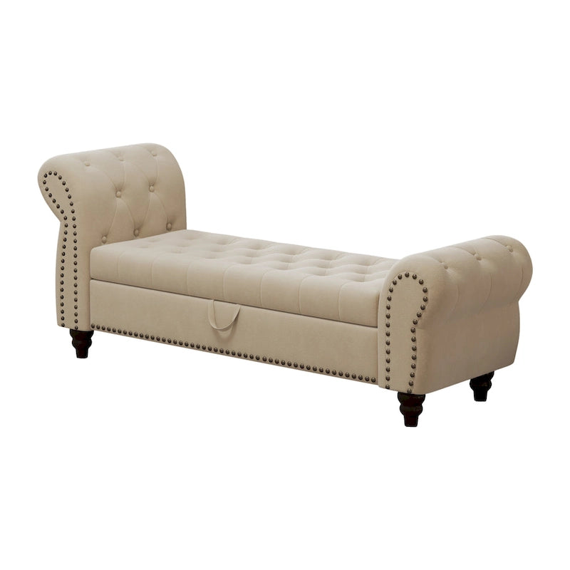 64.5 Bench for Bed Room Nails Tufted Chaise of Lounge with Storage Velvet Upholstery Khaki