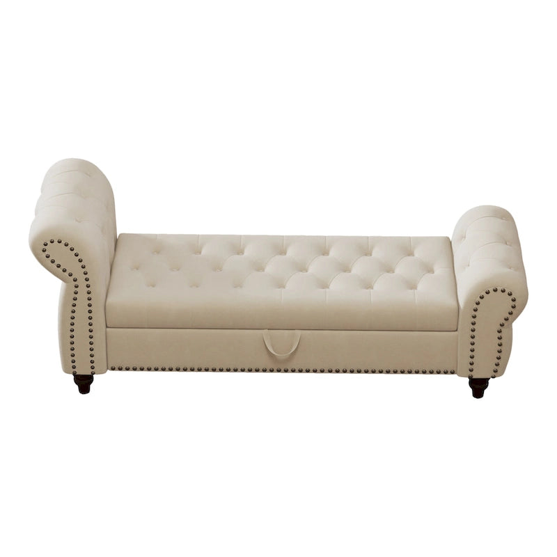 64.5 Bench for Bed Room Nails Tufted Chaise of Lounge with Storage Velvet Upholstery Khaki