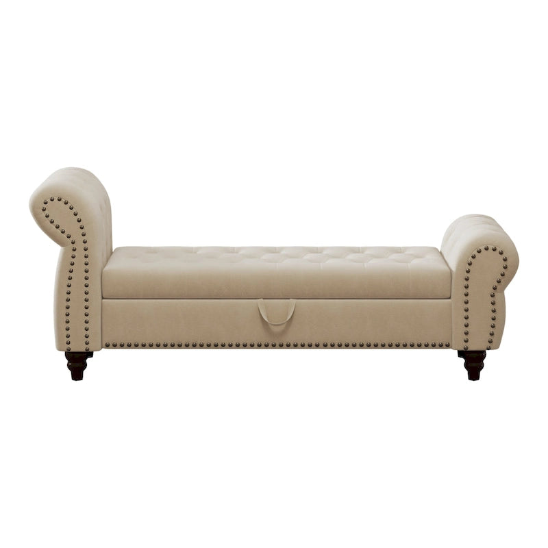64.5 Bench for Bed Room Nails Tufted Chaise of Lounge with Storage Velvet Upholstery Khaki