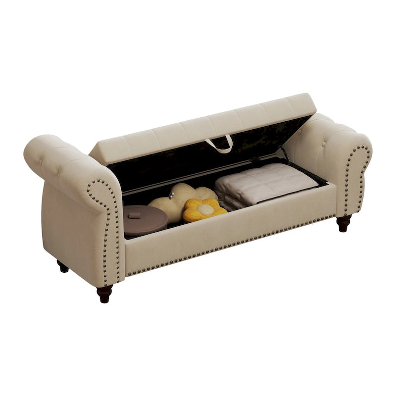 64.5 Bench for Bed Room Nails Tufted Chaise of Lounge with Storage Velvet Upholstery Khaki