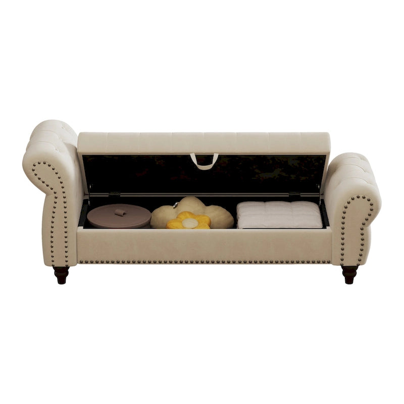 64.5 Bench for Bed Room Nails Tufted Chaise of Lounge with Storage Velvet Upholstery Khaki