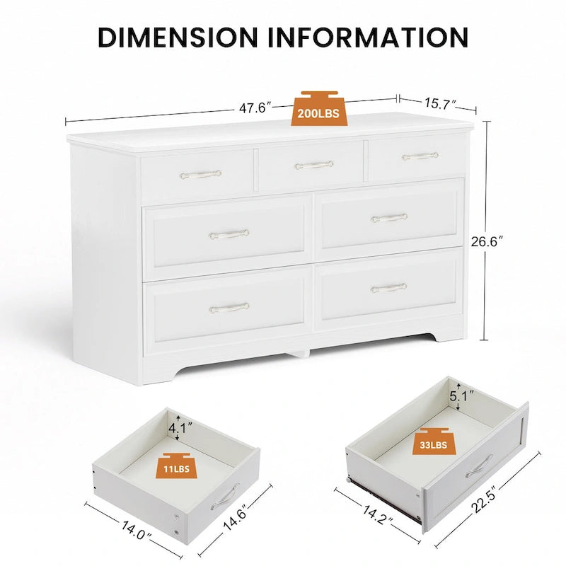 Modern 3 Drawer Chest of Drawers with 7 Drawers Dresser, Clothes Organizer -Metal Pulls