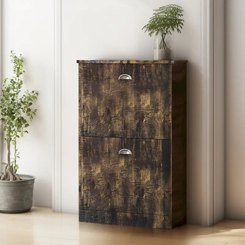 Scarpiera, mobiletto slim e stretto con 2 cassetti per ingresso, atrio, corridoio e camera da letto, colore legno naturale