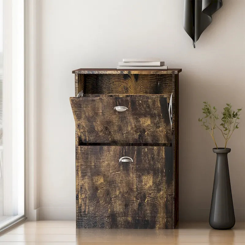 Scarpiera, mobiletto slim e stretto con 2 cassetti per ingresso, atrio, corridoio e camera da letto, colore legno naturale