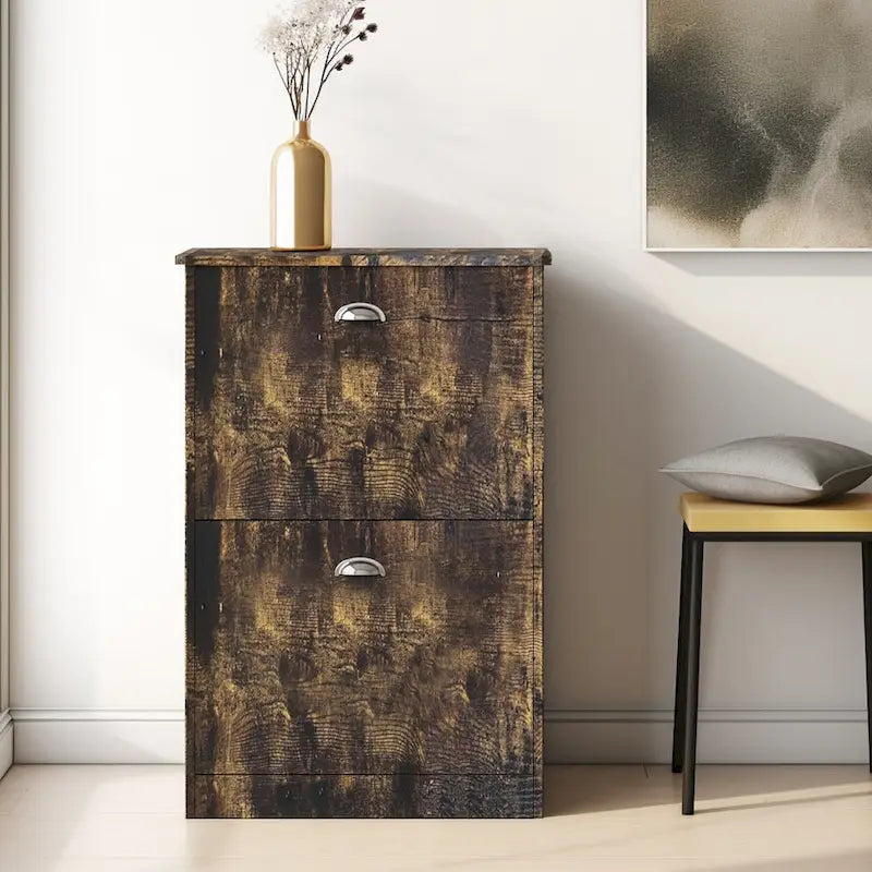Scarpiera, mobiletto slim e stretto con 2 cassetti per ingresso, atrio, corridoio e camera da letto, colore legno naturale