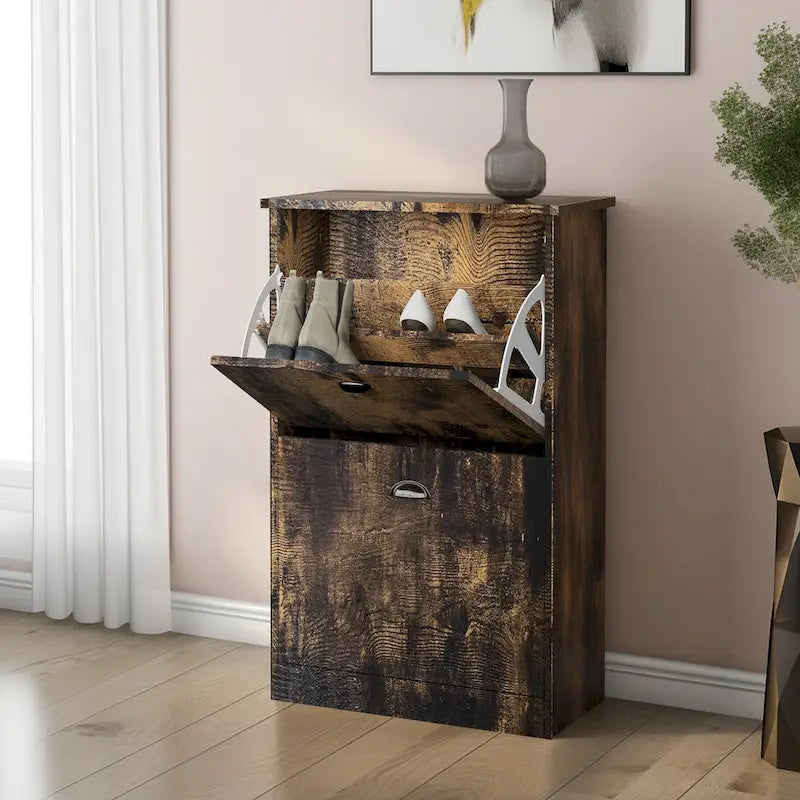 Scarpiera, mobiletto slim e stretto con 2 cassetti per ingresso, atrio, corridoio e camera da letto, colore legno naturale