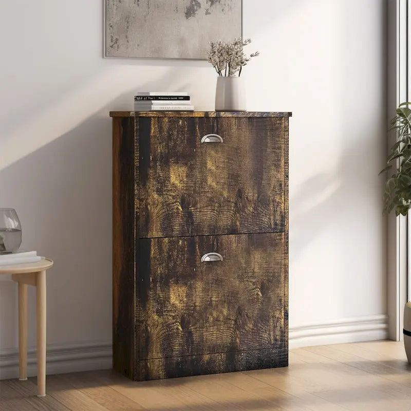Scarpiera, mobiletto slim e stretto con 2 cassetti per ingresso, atrio, corridoio e camera da letto, colore legno naturale