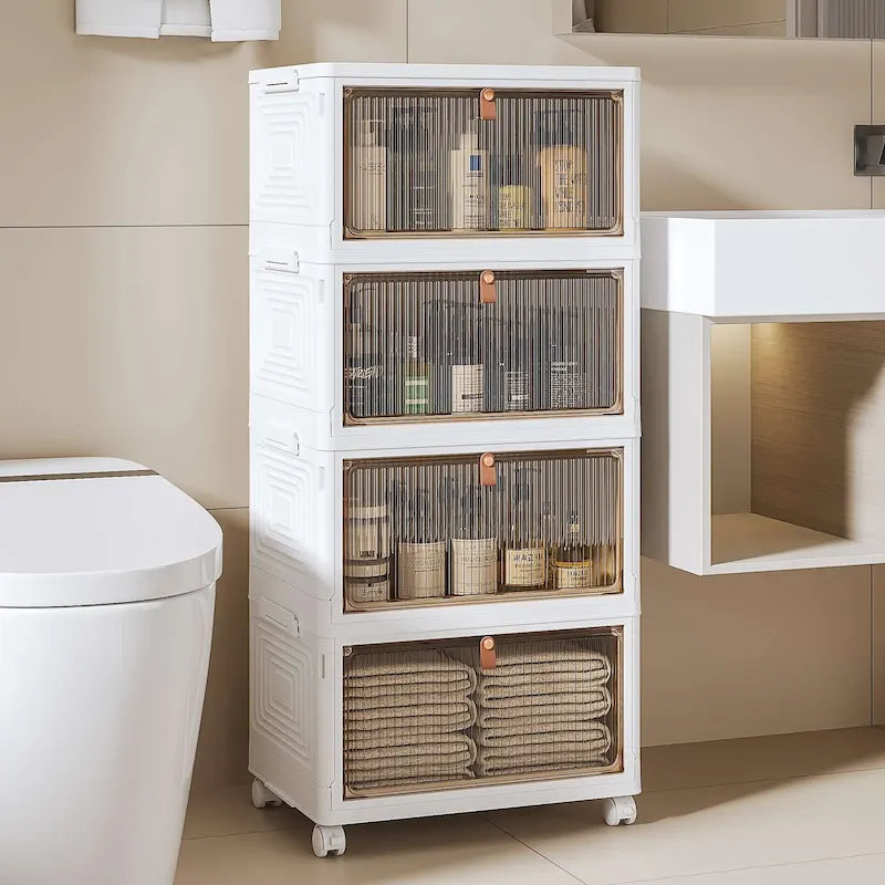 Mobile contenitore da bagno a 4 ripiani, contenitori con coperchio impilabili e organizer pieghevoli