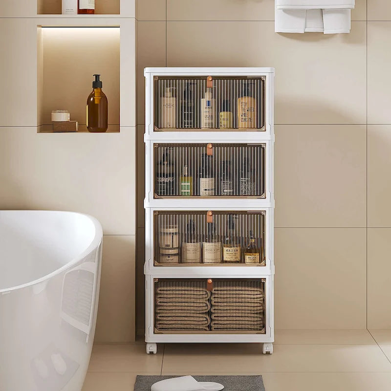 Mobile contenitore da bagno a 4 ripiani, contenitori con coperchio impilabili e organizer pieghevoli