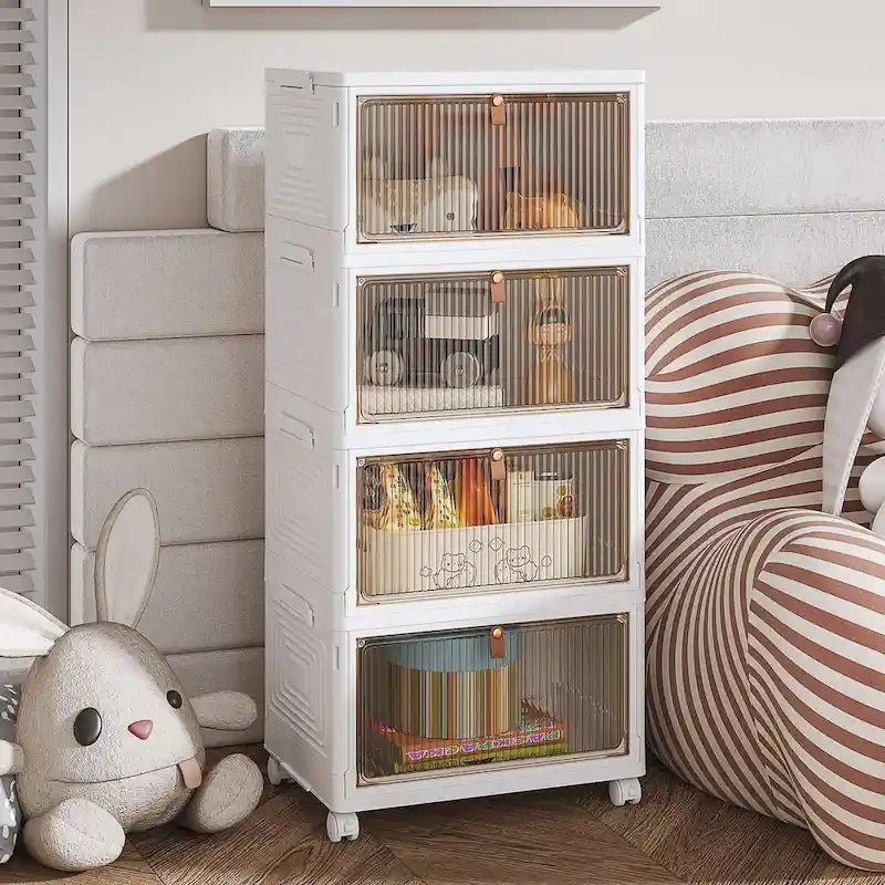 Mobile contenitore da bagno a 4 ripiani, contenitori con coperchio impilabili e organizer pieghevoli