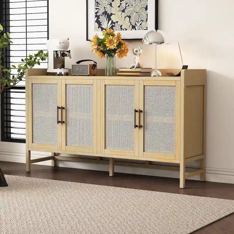 Rustic Sideboard Buffet Cabinet with Decorative Rattan Doors