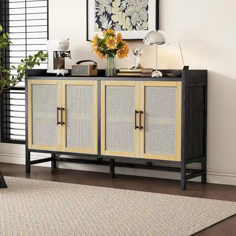 Rustic Sideboard Buffet Cabinet with Decorative Rattan Doors