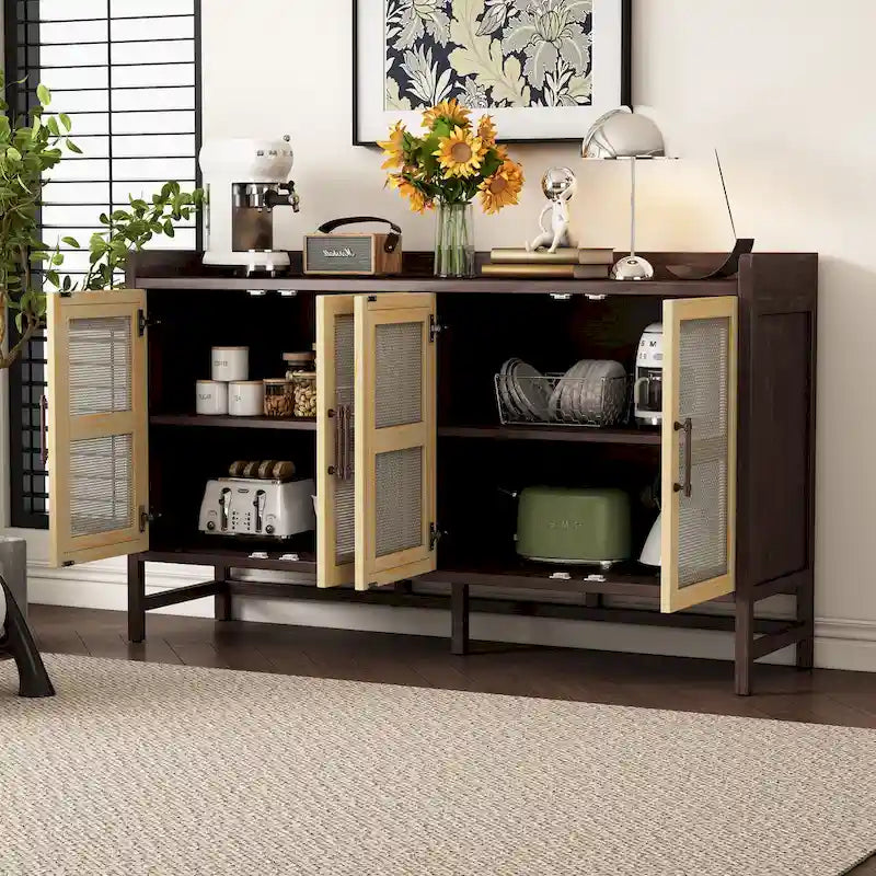 Rustic Sideboard Buffet Cabinet with Decorative Rattan Doors