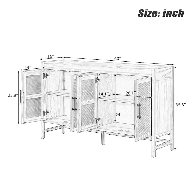 Credenza rustica con ante decorative in rattan