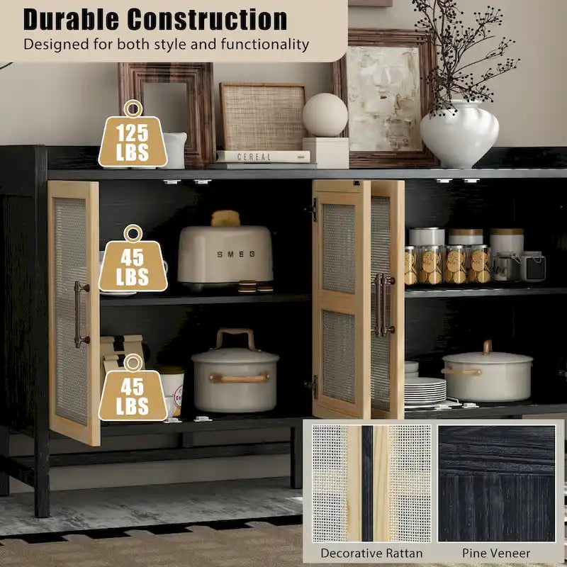 Credenza rustica con ante decorative in rattan