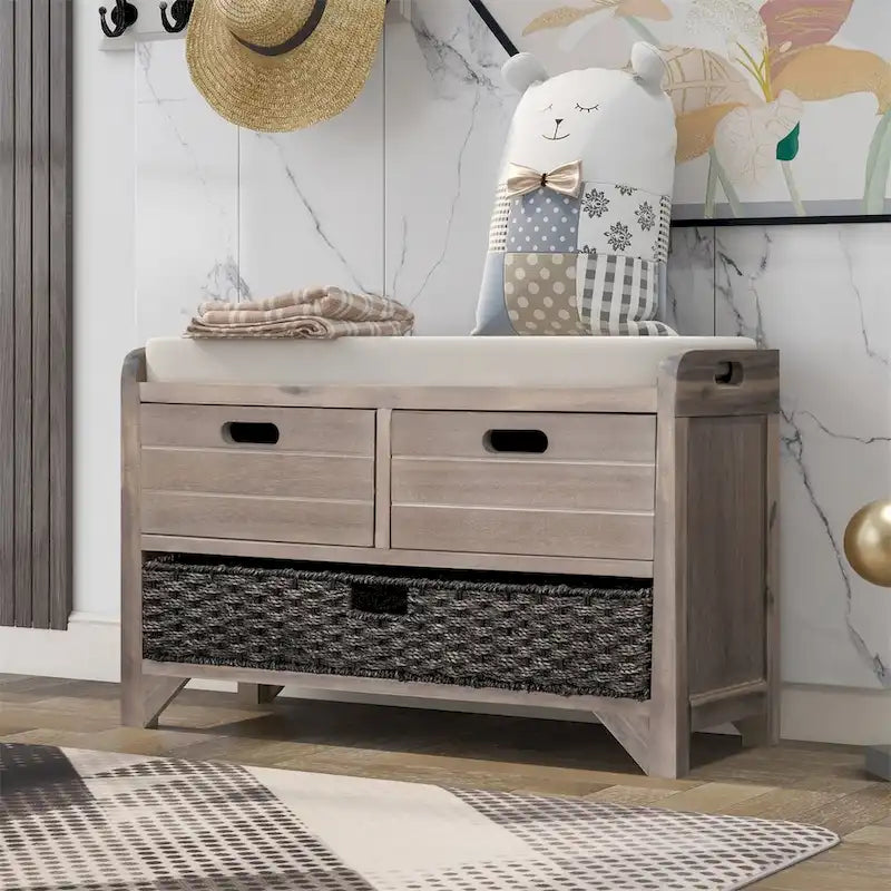 Merax Rustic Storage Bench with Removable Basket and Removable Cushion