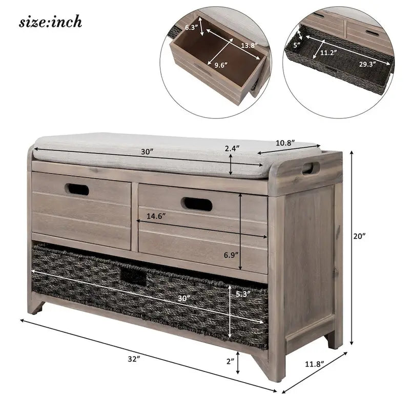 Panca contenitore rustica con cesto rimovibile e cuscino removibile