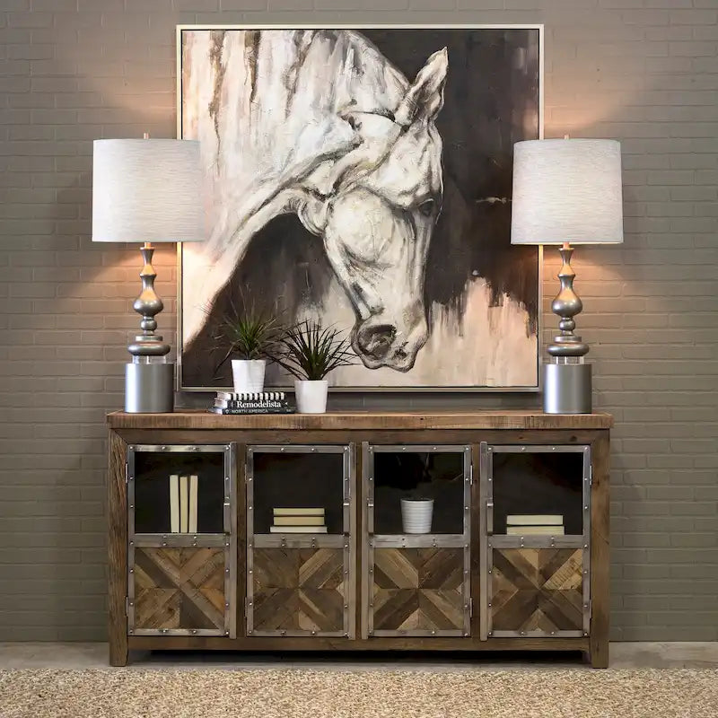 Credenza a 4 ante in legno recuperato da traversine ferroviarie, con vetro trasparente