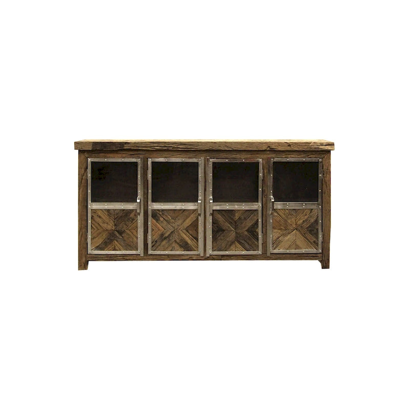 Credenza a 4 ante in legno recuperato da traversine ferroviarie, con vetro trasparente