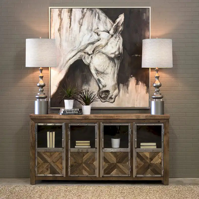 Credenza a 4 ante in legno recuperato da traversine ferroviarie, con vetro trasparente