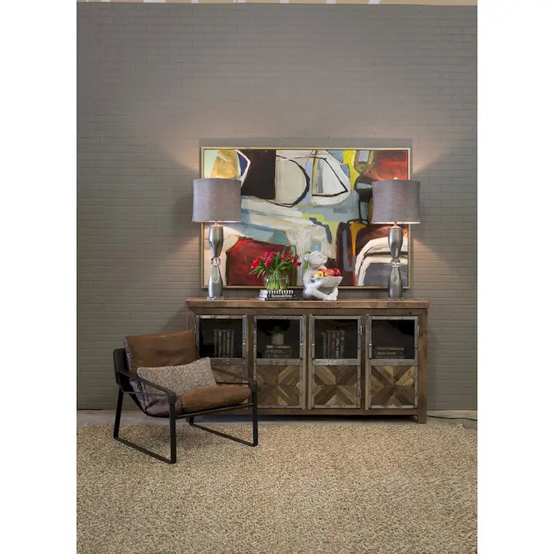 Credenza a 4 ante in legno recuperato da traversine ferroviarie, con vetro trasparente
