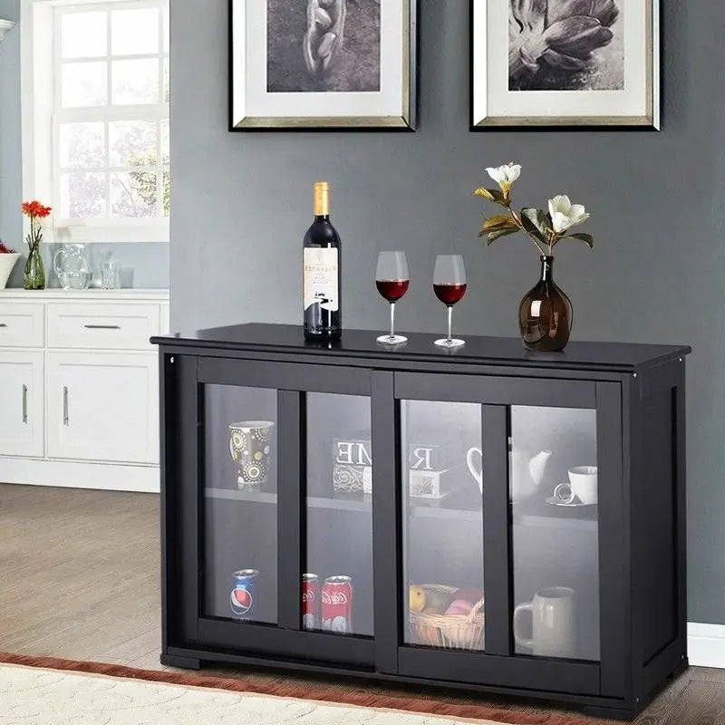 Credenza nera con ante scorrevoli in vetro, per sala da pranzo e buffet - 24.6 H x 41.9 W x 13 D