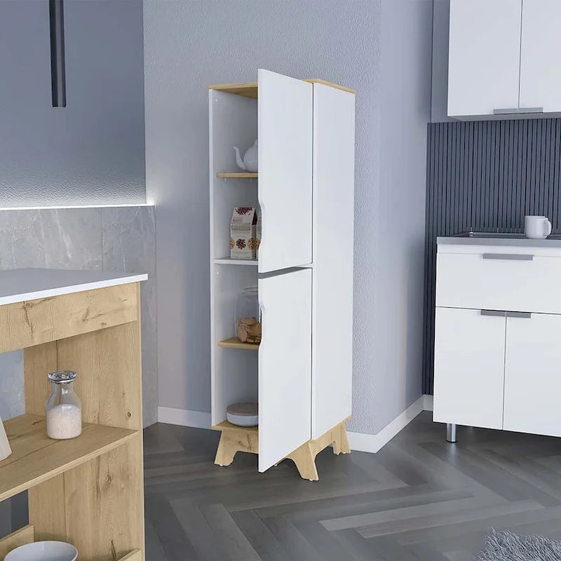 Dispensa da parete singola per cucina, quattro ripiani, due ante, finitura rovere chiaro / bianca