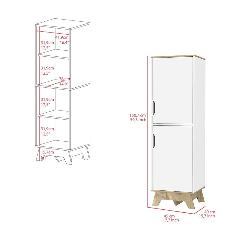 Dispensa da parete singola per cucina, quattro ripiani, due ante, finitura rovere chiaro / bianca
