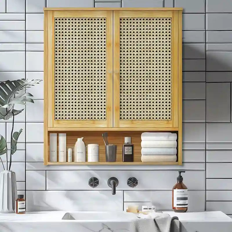 Bamboo Wall Mounted Cabinet Hanging Storage Cabinet with 3 Shelves