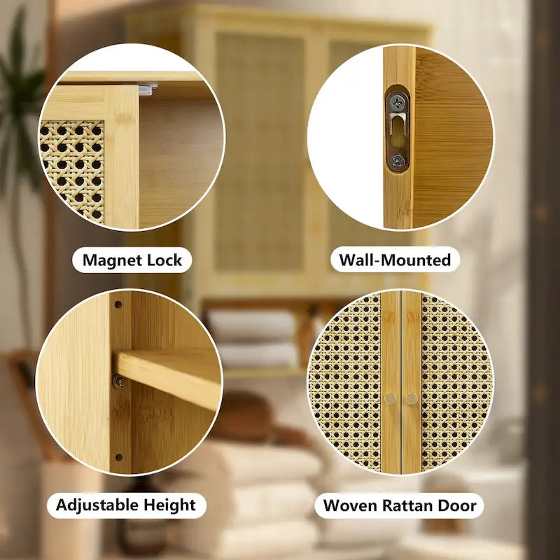 Bamboo Wall Mounted Cabinet Hanging Storage Cabinet with 3 Shelves