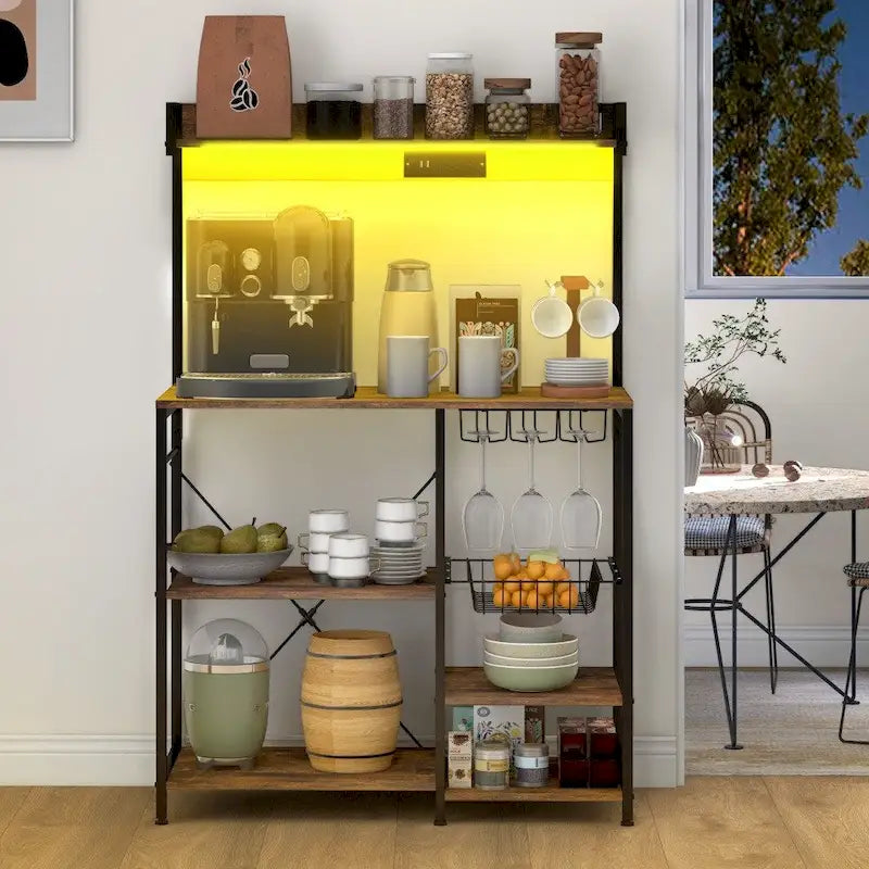 Baker's Rack with Power Outlet and LED Lights, with Storage