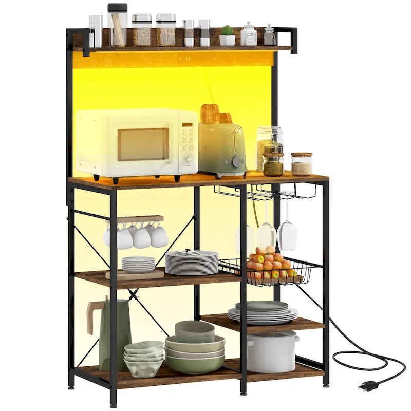 Baker's Rack with Power Outlet and LED Lights, with Storage