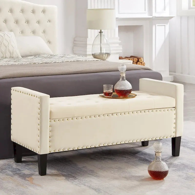 Upholstered Tufted Button Storage Bench with nails trim,Entryway Living Room Soft Padded Seat with Armrest,Bed Bench