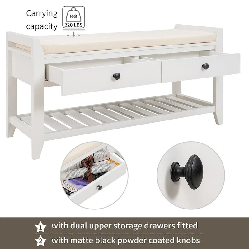 Modern Multipurpose Entryway Storage Bench With Upholstered Seat and Drawers