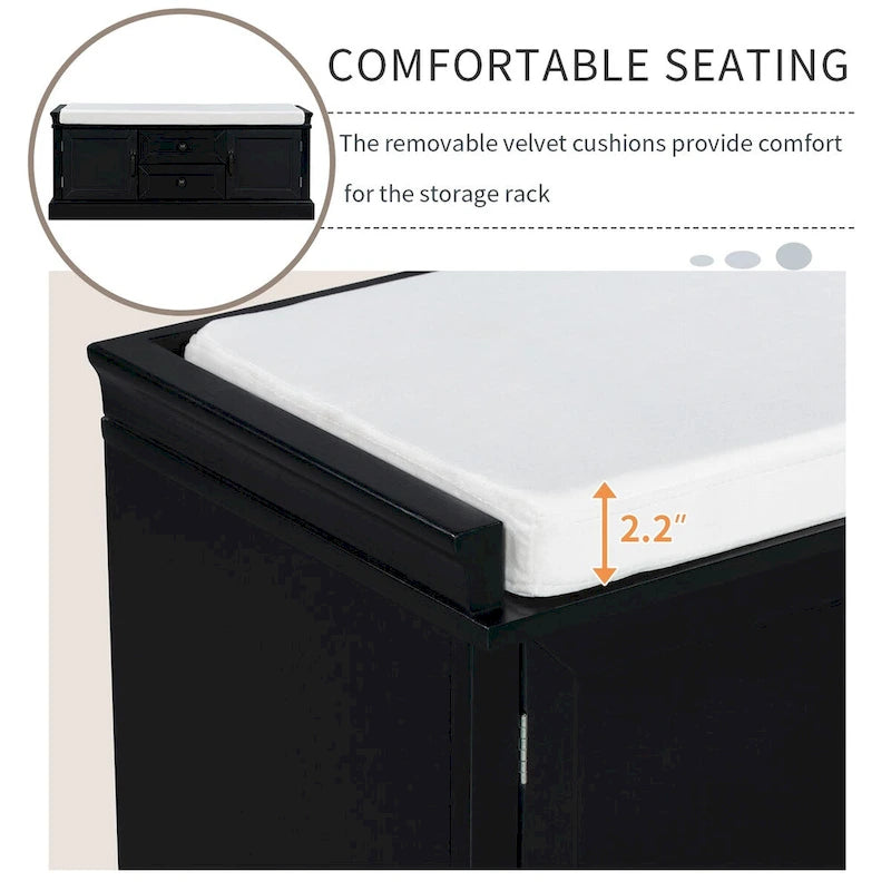 Storage Bench with 2 Drawers and 2 Cabinets, Shoe Bench with Removable Cushion for Living Room, Entryway (Black)