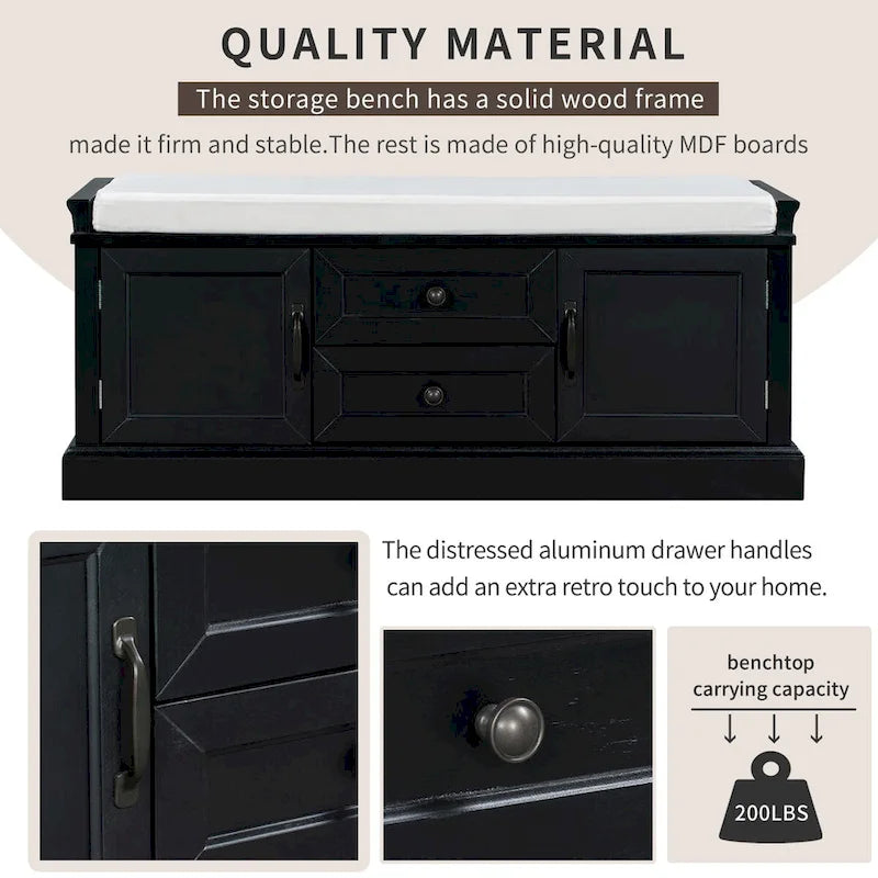 Storage Bench with 2 Drawers and 2 Cabinets, Shoe Bench with Removable Cushion for Living Room, Entryway (Black)