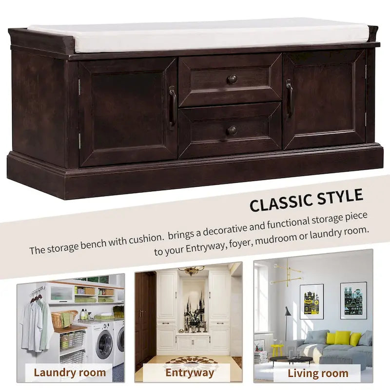 Storage Bench with 2 Drawers and 2 Cabinets, Shoe Bench with Removable Cushion for Living Room, Entryway (Black)
