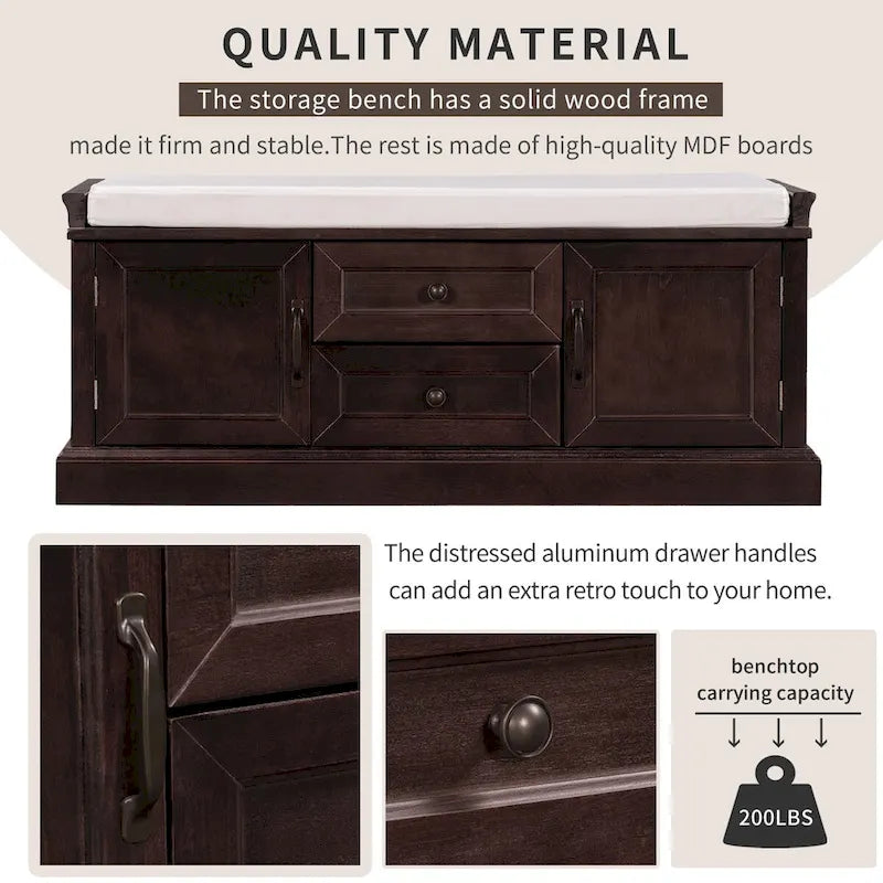 Storage Bench with 2 Drawers and 2 Cabinets, Shoe Bench with Removable Cushion for Living Room, Entryway (Black)