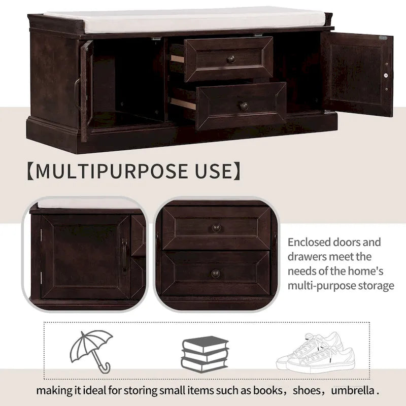 Storage Bench with 2 Drawers and 2 Cabinets, Shoe Bench with Removable Cushion for Living Room, Entryway (Black)